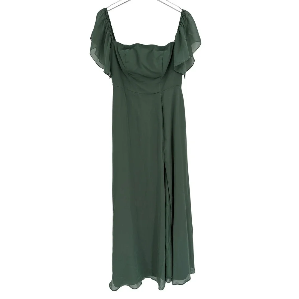 Azazie Pine Green Chiffon Flutter Sleeve Cowl Neck Maxi Bridesmaid Dress A6
